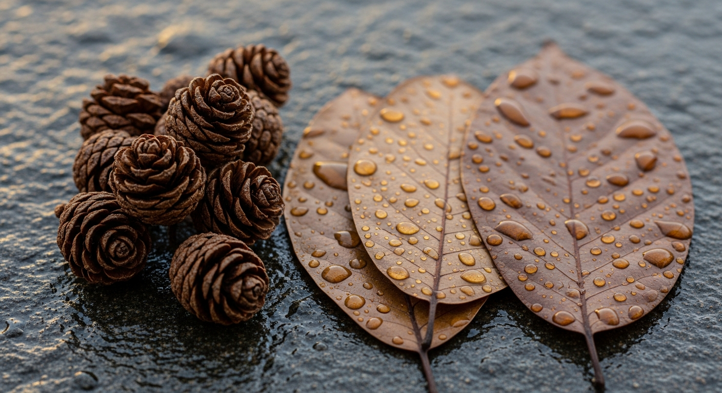 Alder cones vs catappa leaves placed side by side on a wet dark surface with amber water droplets, showing the size and texture difference between the two aquarium botanicals.