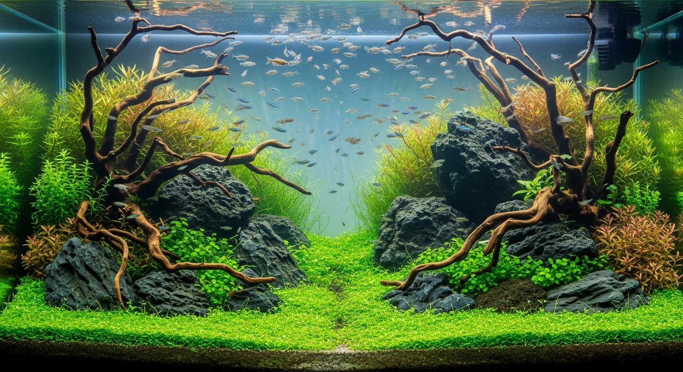 A nature-style freshwater aquascape with green carpet plants, driftwood, and rocks inside a clear glass tank showing beginner aquascape layout
