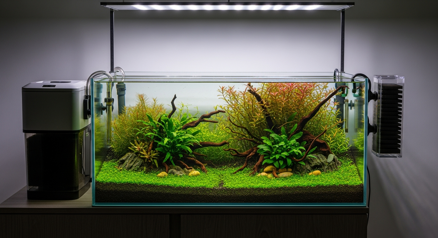 Canister filter and hang-on-back aquarium filter displayed beside a planted tank, showing both aquarium filter types side by side