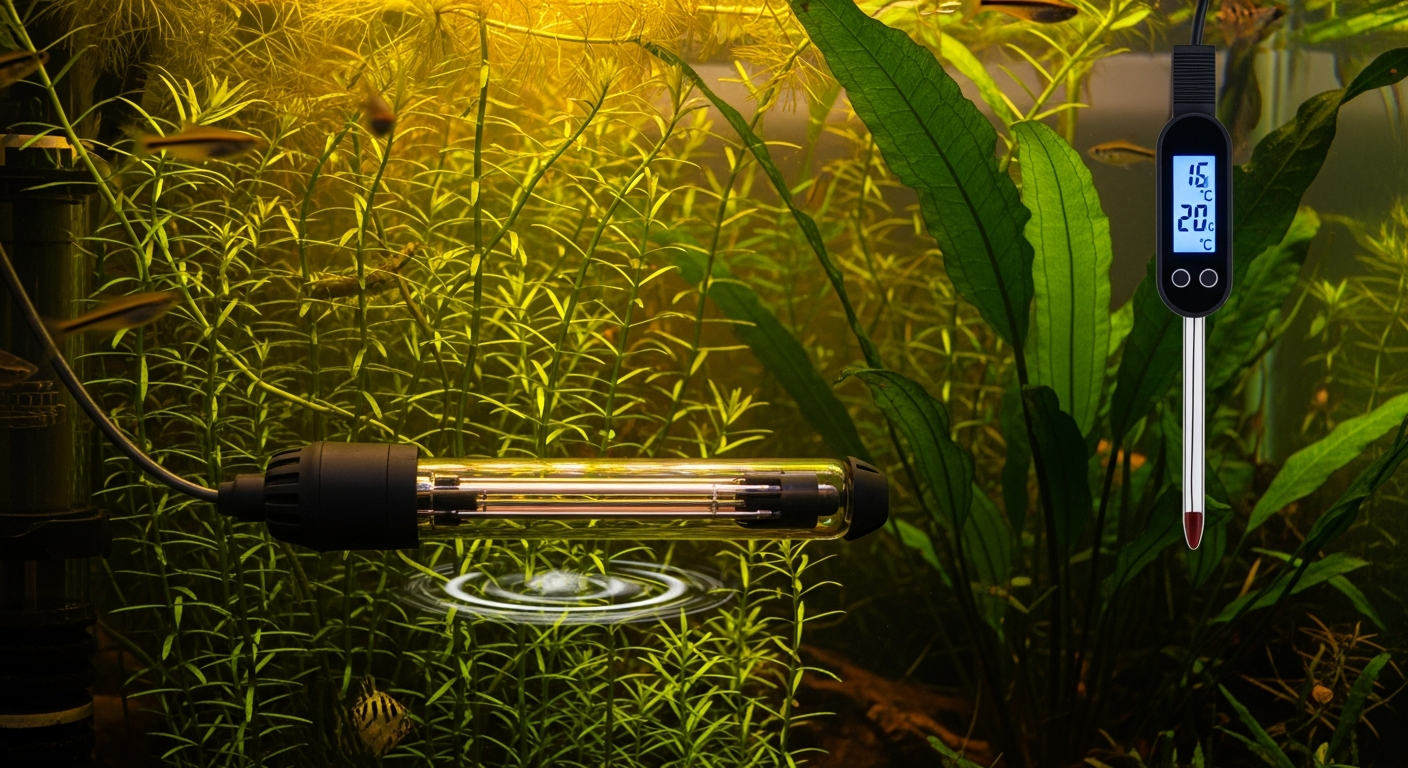 Submersible aquarium heater positioned near filter output inside a planted freshwater aquarium, with a digital thermometer probe on the opposite glass wall showing water temperature.