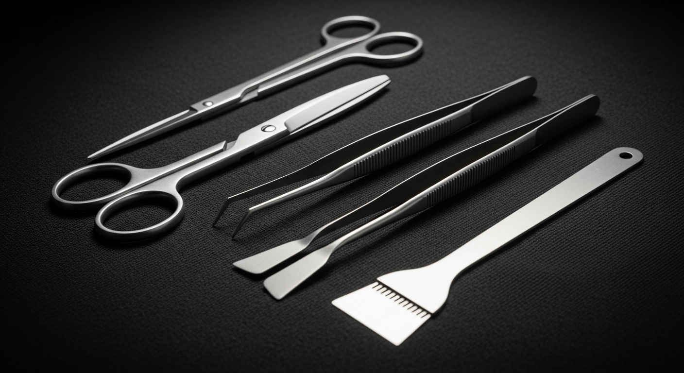 Complete set of stainless aquascaping tools including scissors, tweezers, and spatula laid on dark cloth