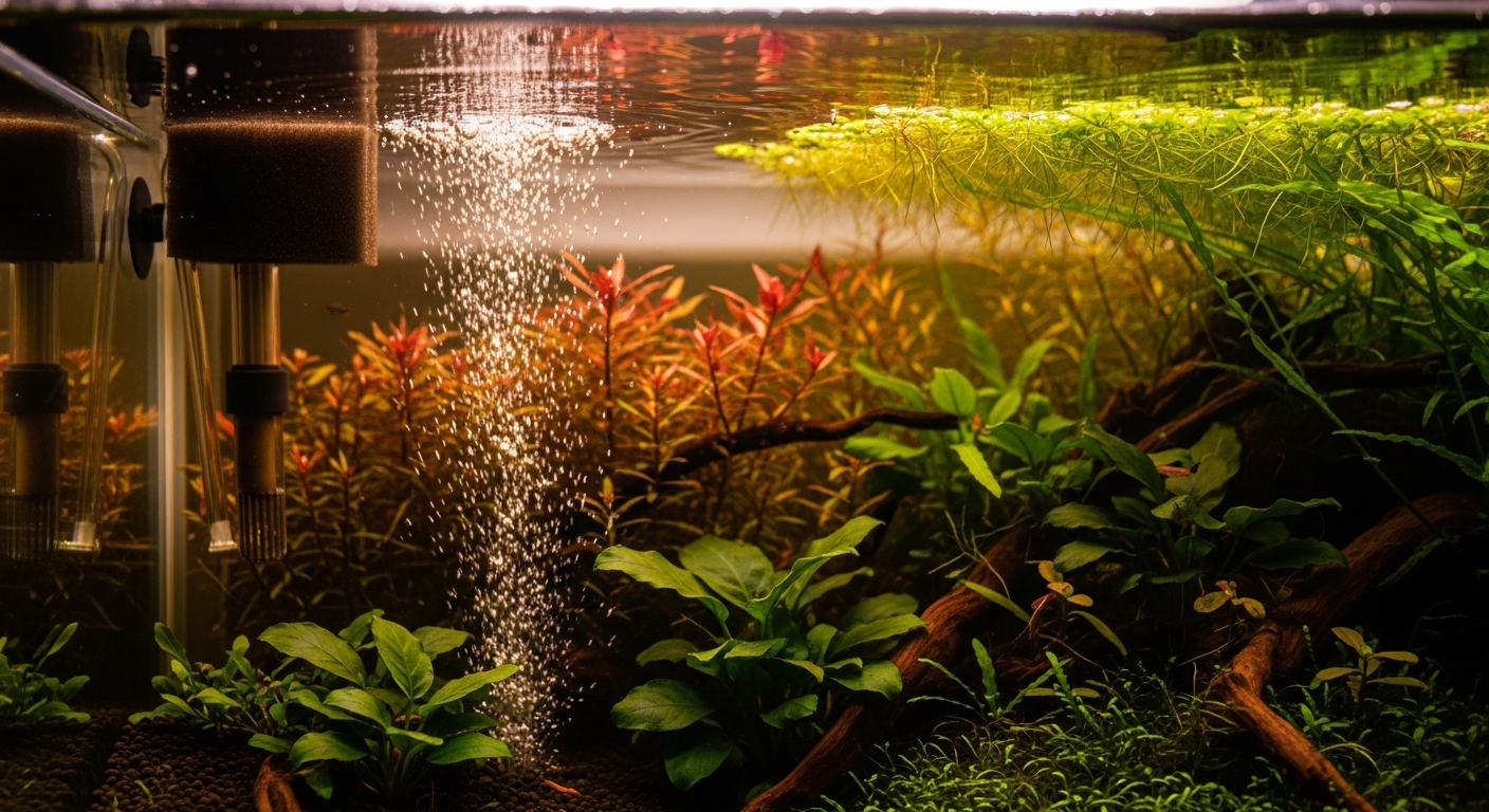 Sponge betta filter bubbling gently in a planted aquarium showing ideal low-flow filtration