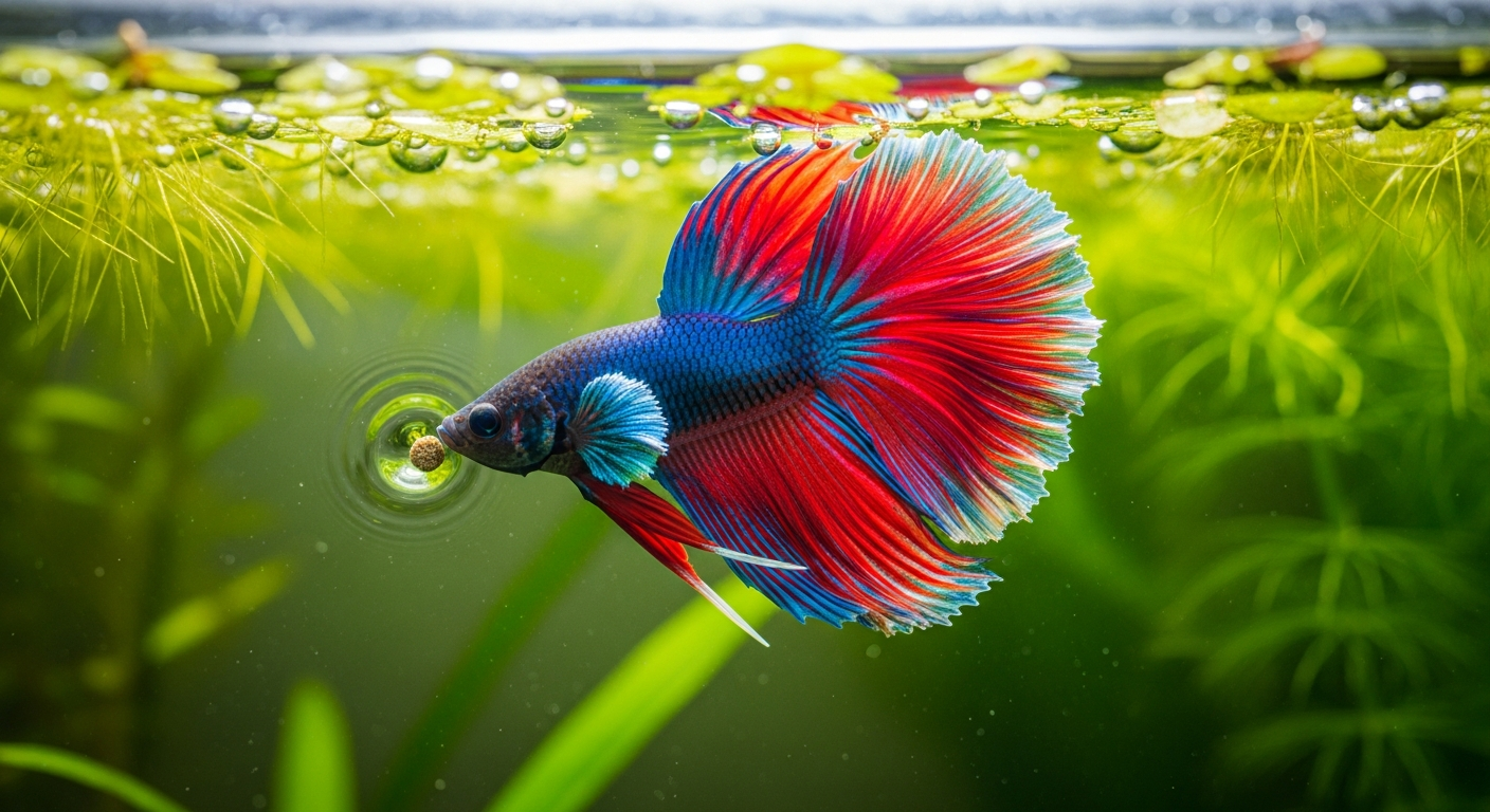 Betta fish eating floating betta food pellets at the water surface in a planted aquarium tank