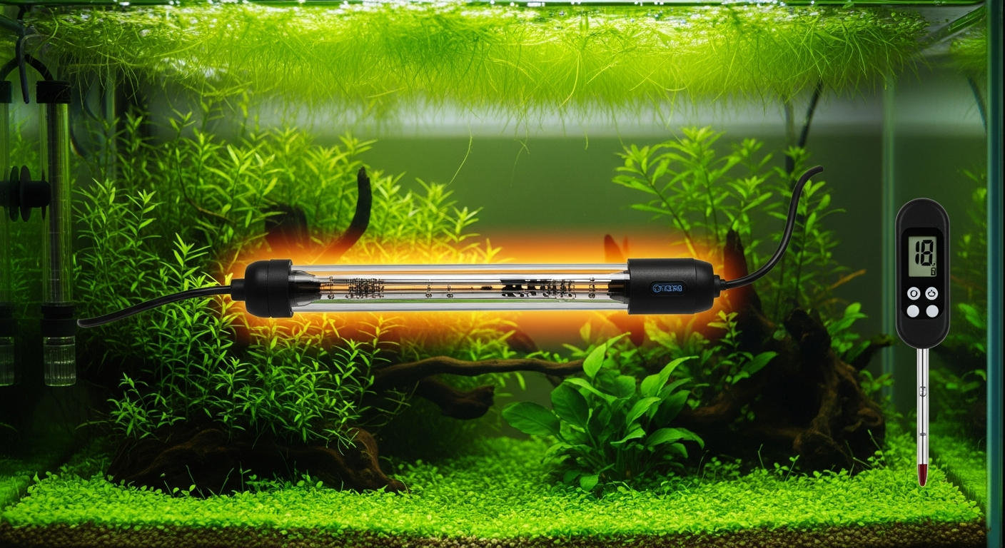 Submersible betta heater mounted in a planted aquarium alongside a separate thermometer probe