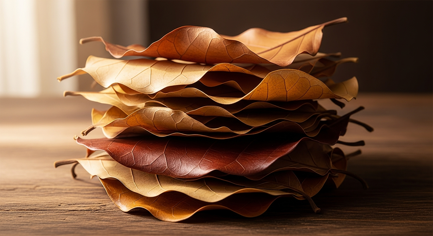 Dried catappa leaves of varying sizes stacked on dark wood, showing the natural color range of quality indian almond leaves for aquarium use