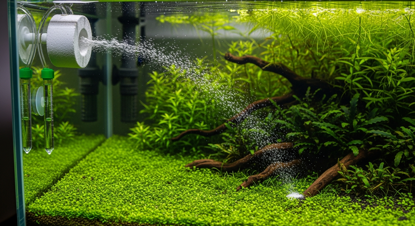 Ceramic aquarium CO2 diffuser releasing fine bubbles in a planted tank with a green drop checker monitoring dissolved CO2 levels