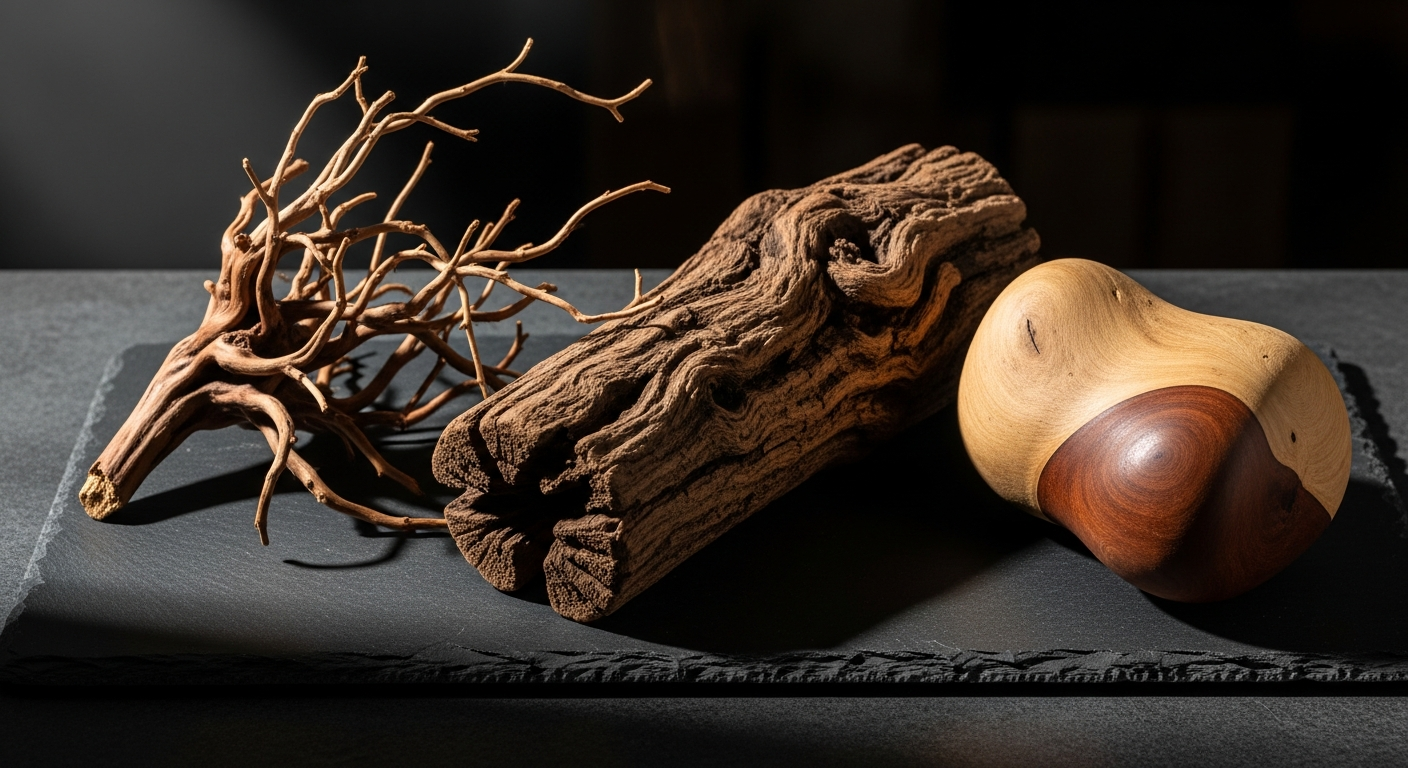 Three types of aquarium driftwood arranged on dark slate: spider wood, Malaysian driftwood, and mopani, editorial product photography for blackwater aquarium guide