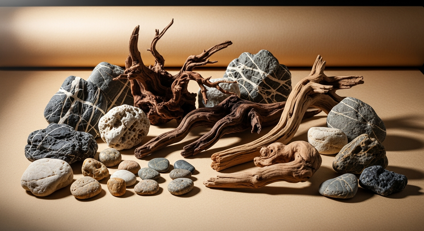 Aquascaping hardscape selection including Seiryu stone, dragon stone, spider wood, and manzanita driftwood arranged on kraft paper for an editorial product shot