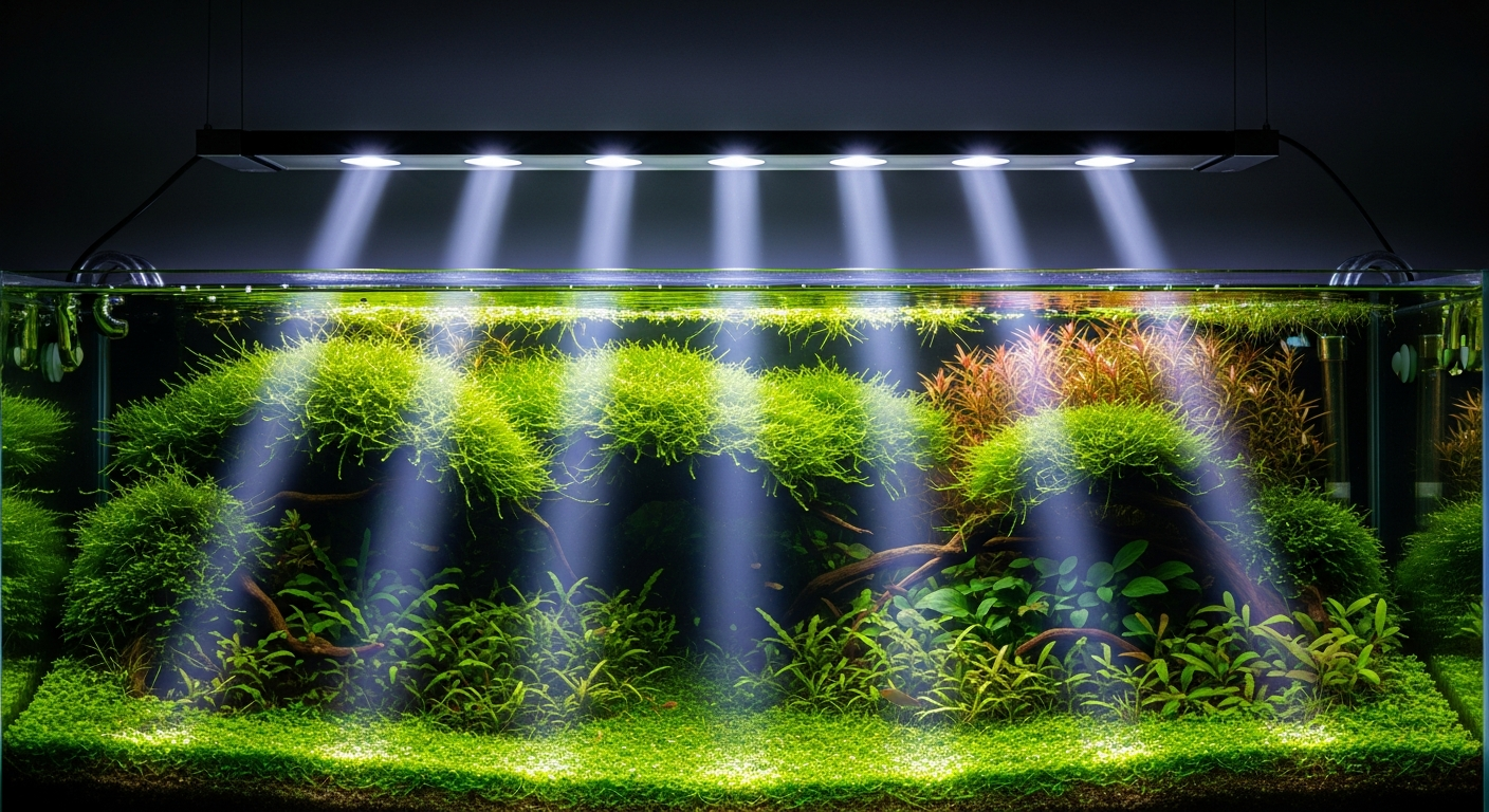 Modern LED bar light over a lush planted tank, casting bright light on green aquatic plants and carpet species, showing proper planted tank LED light coverage