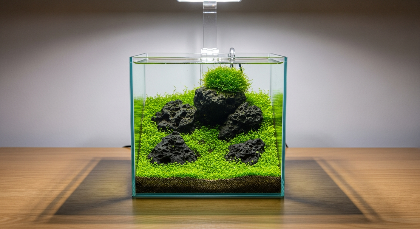 Rimless low-iron glass nano aquascape tank on a desk, showing a complete planted aquascape with hardscape stone and carpet plant foreground, a compact nano aquascape tank build