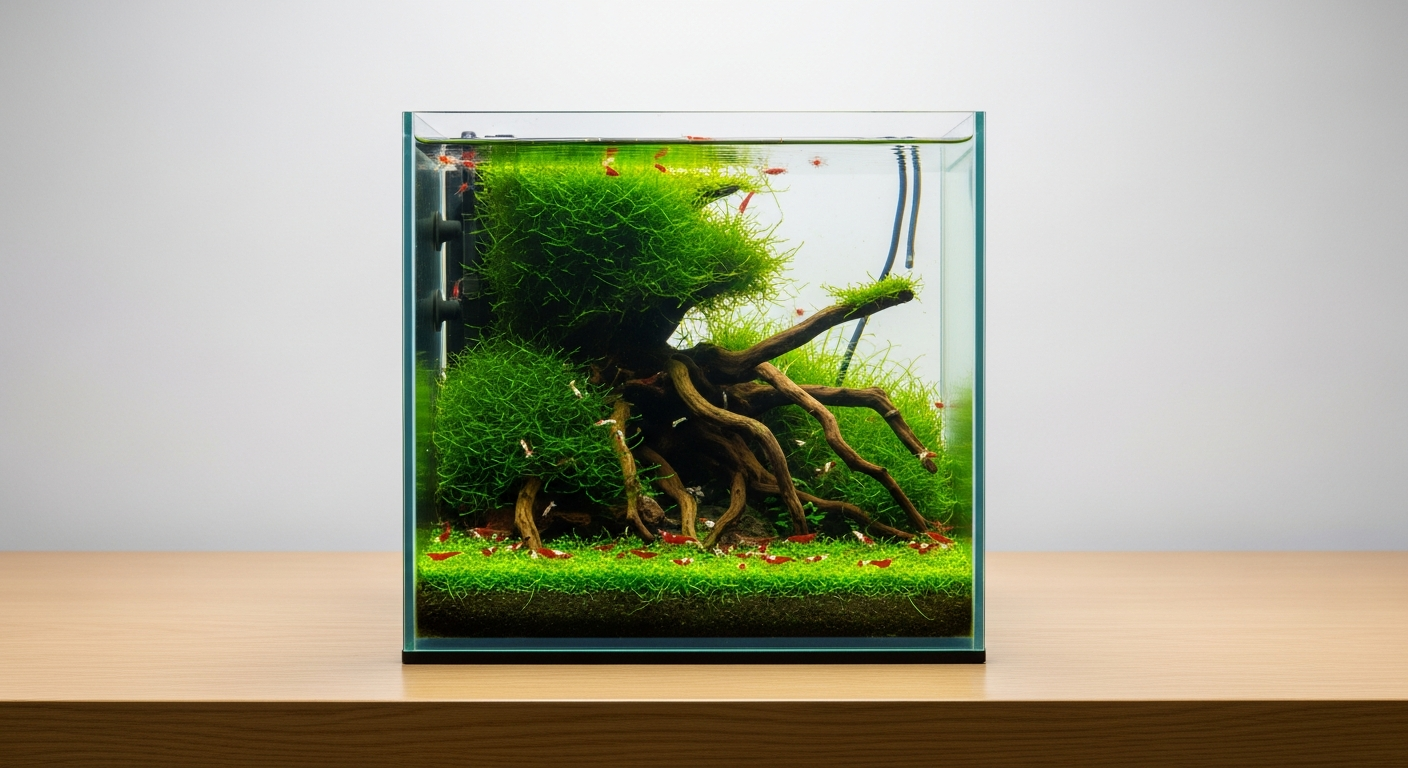 A planted rimless nano shrimp tank on a desk with red cherry shrimp and java moss, showcasing an ideal nano shrimp tank setup