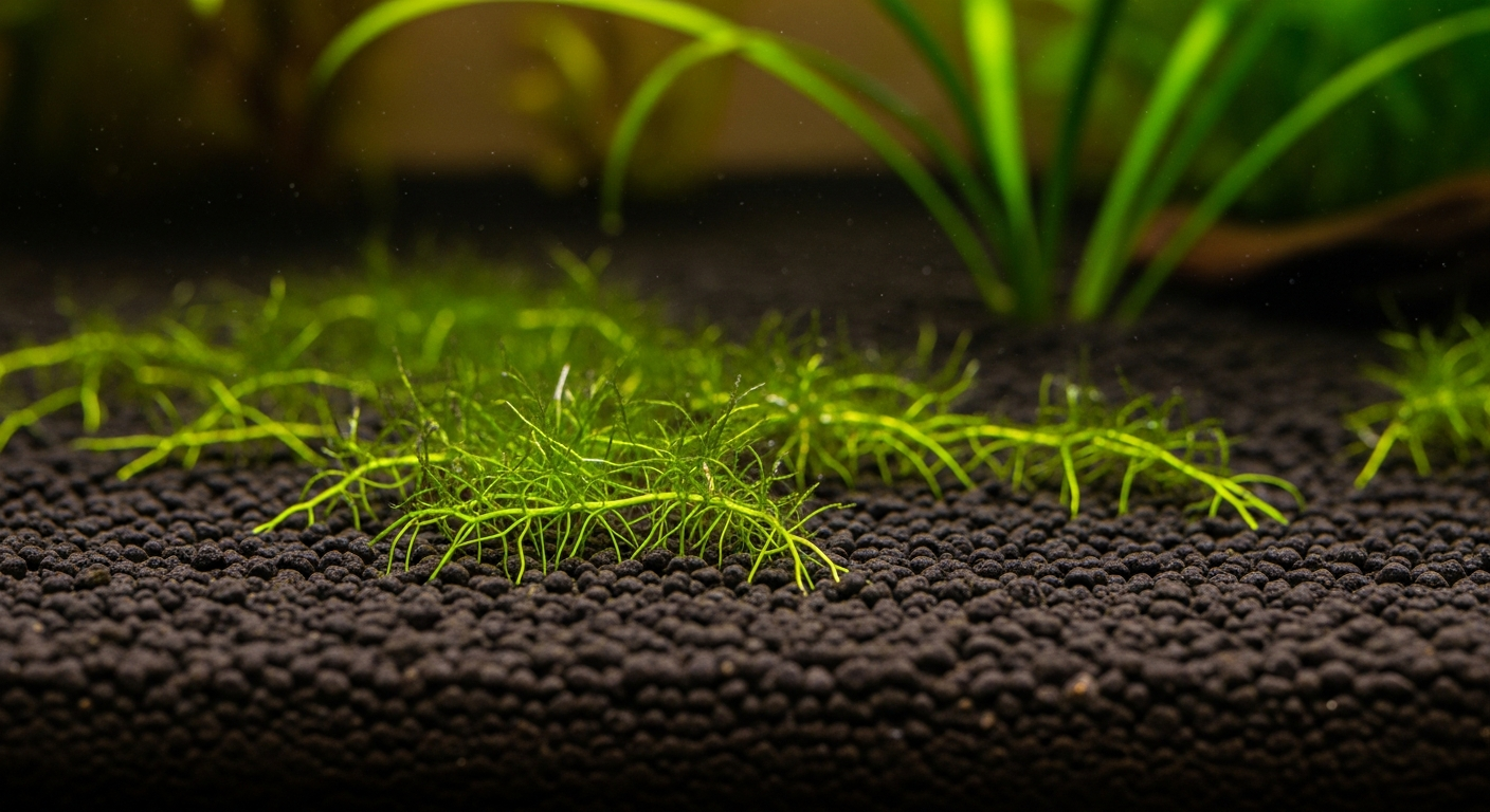 Close-up of dark aquasoil planted tank substrate with green carpet plant roots and stems emerging from the soil, showing ideal planted tank substrate conditions
