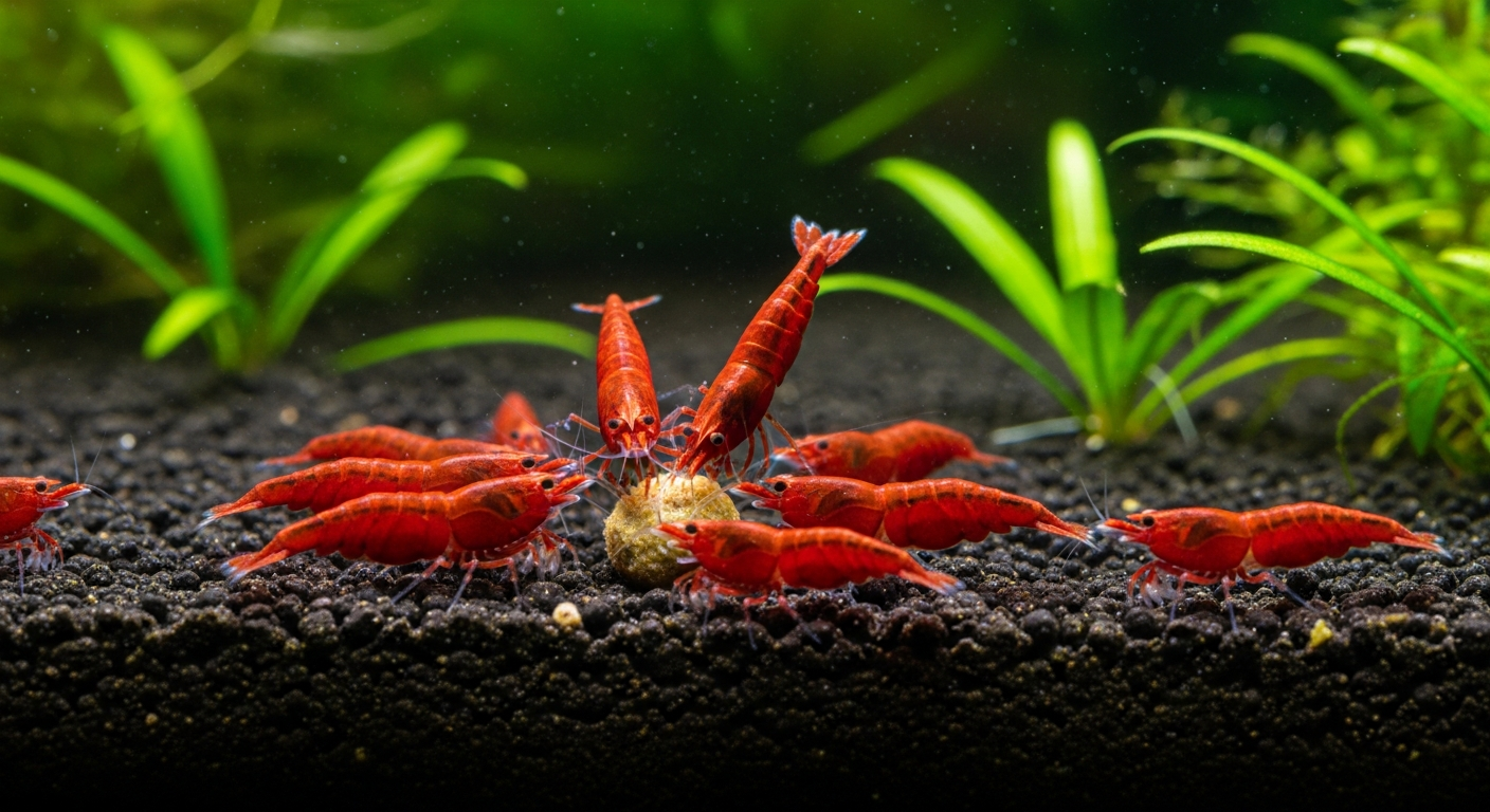 Cherry shrimp gathered around a sinking food pellet on dark substrate in a planted aquarium, showing the best shrimp food feeding behavior in a neocaridina colony