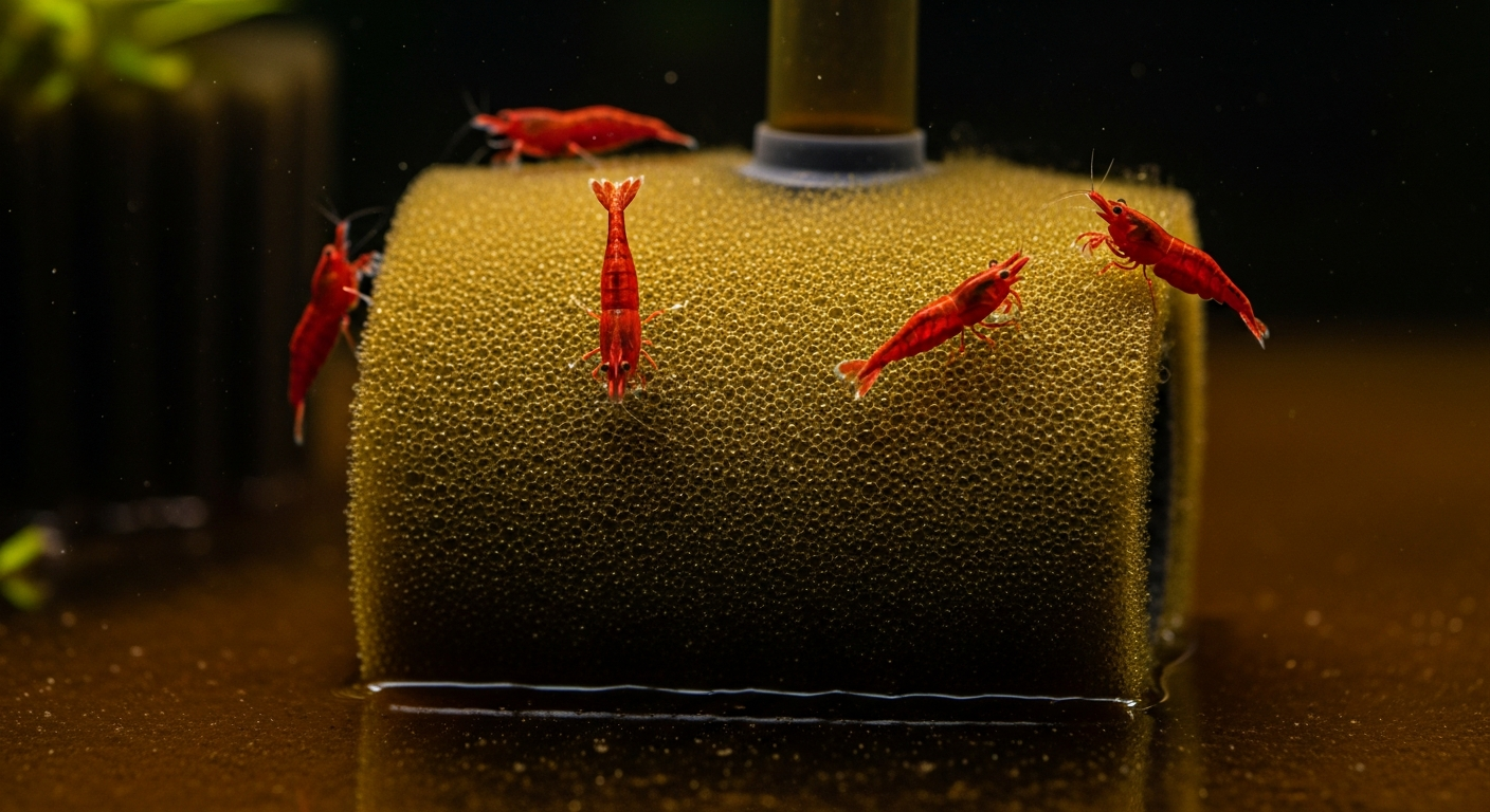 Cherry red shrimp grazing on a biofilm-covered sponge filter shrimp tank in a planted aquarium with amber-tinted water