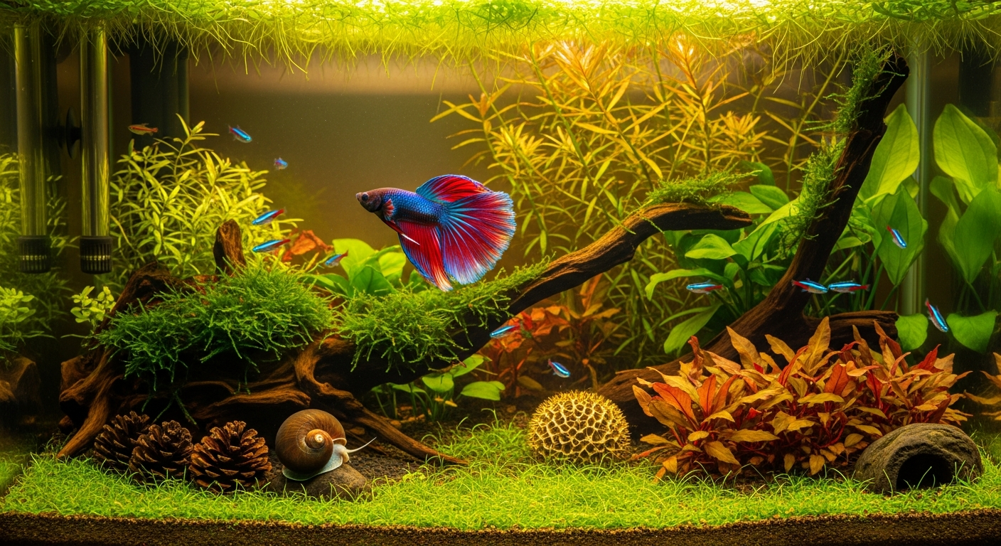 Betta tank mates in a planted community aquarium, including small schooling fish and a mystery snail alongside a red and blue betta fish