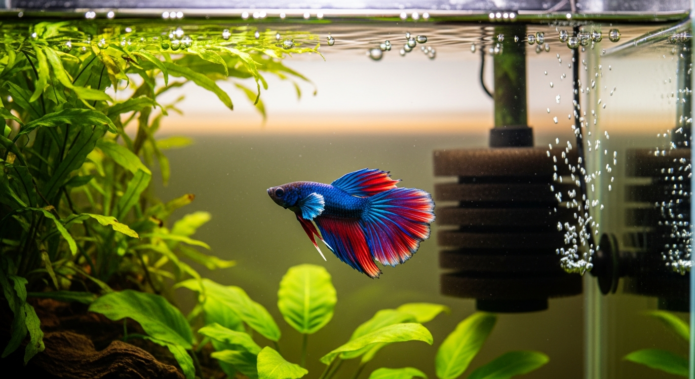 Healthy blue and red betta fish in a planted 5-gallon betta tank with a gentle sponge filter
