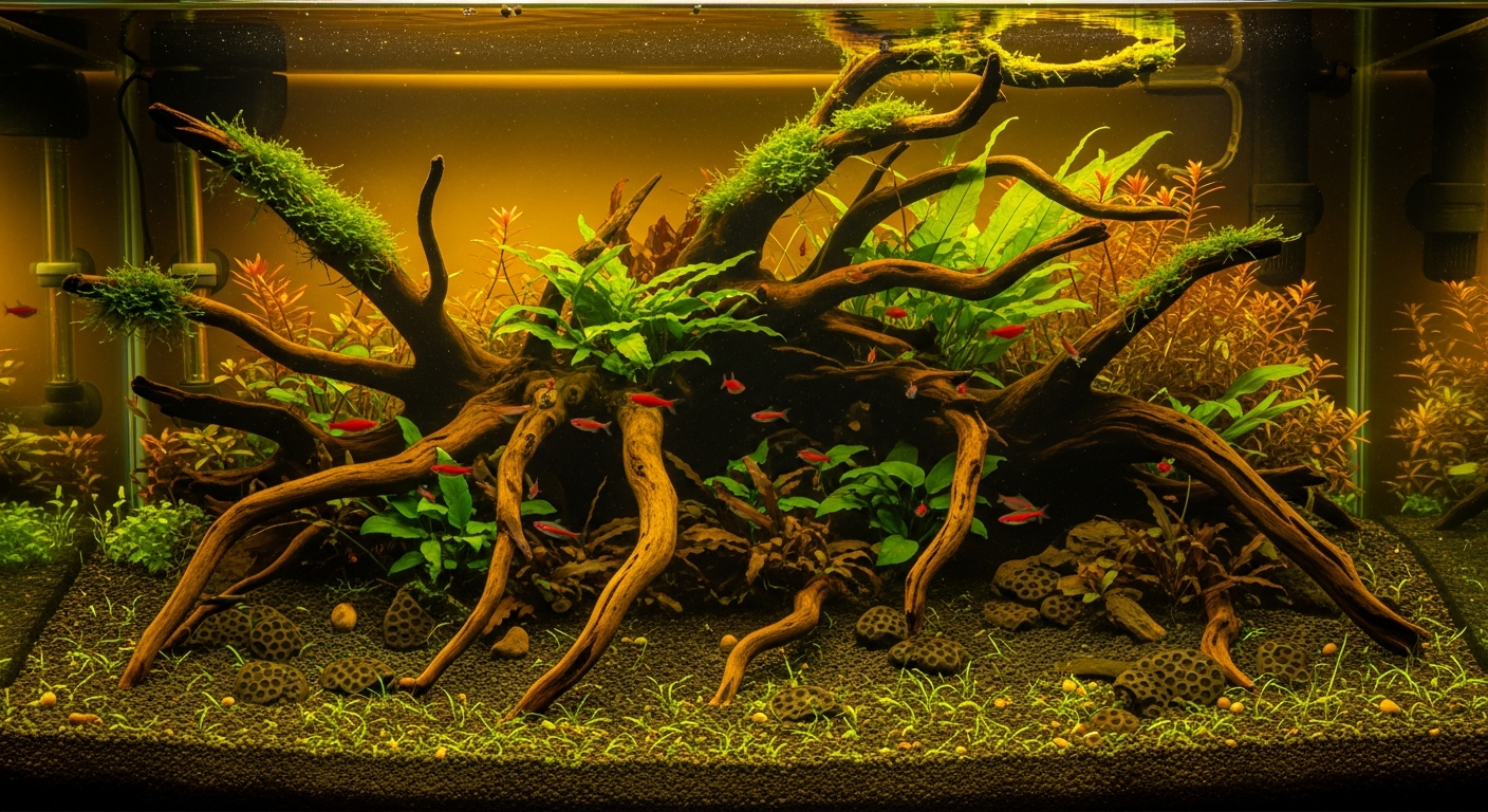 Planted blackwater aquarium with amber tannin-stained water, driftwood, catappa leaf litter, and chili rasboras swimming through soft-acid biotope setup
