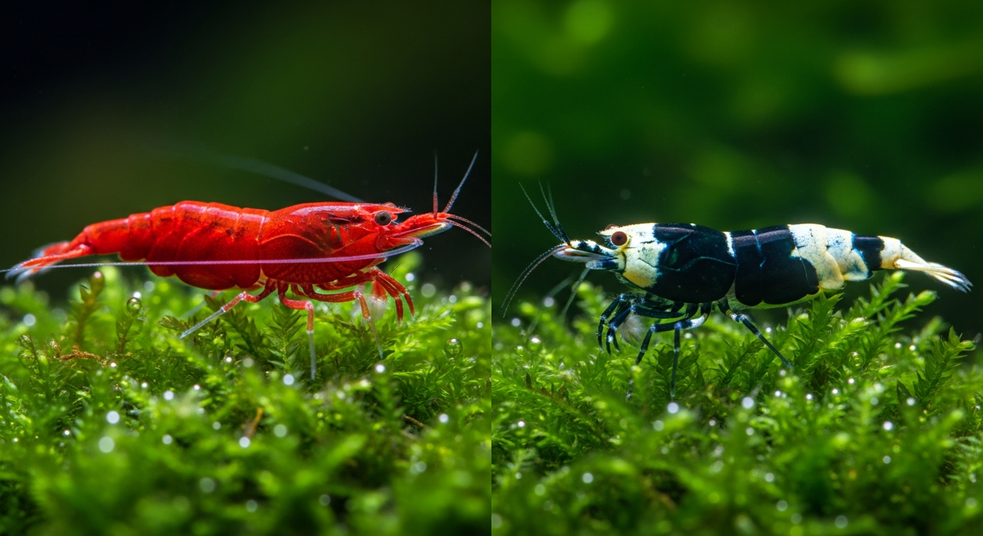 Caridina vs Neocaridina shrimp: red cherry shrimp and black-white crystal shrimp on java moss, macro aquarium photography