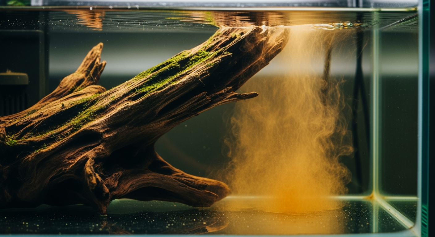 Close-up of driftwood tannins diffusing into aquarium water, creating a natural amber tint characteristic of blackwater biotopes