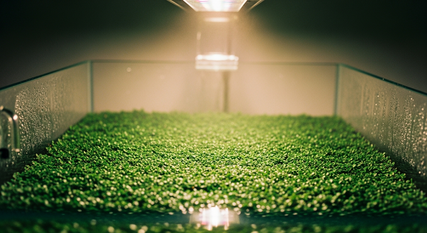 Planted aquarium during dry start method showing dense emersed HC Cuba carpet growing on wet substrate under a condensation-covered glass lid