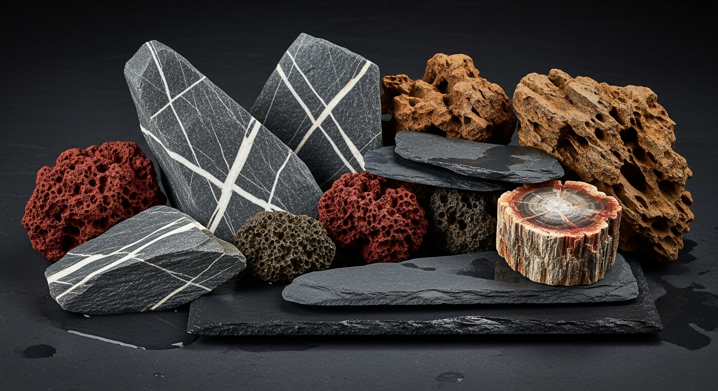 Assortment of aquarium safe rocks on dark slate: seiryu stone, lava rock, dragon stone, slate, and petrified wood for aquascaping hardscape
