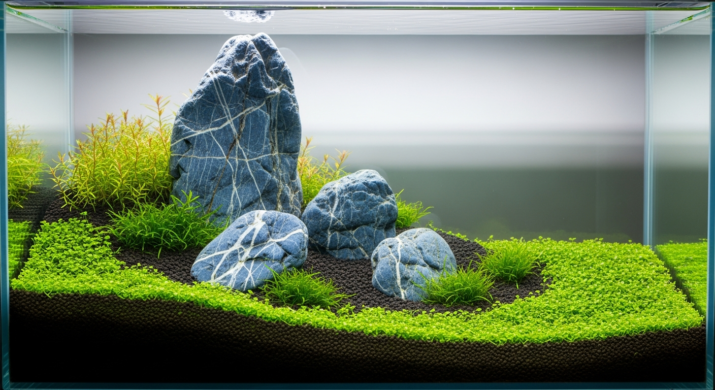A minimalist iwagumi aquascape with three seiryu stones arranged by the golden ratio and a dense Hemianthus callitrichoides carpet covering the foreground substrate