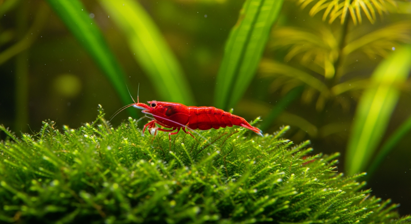 A bright red Neocaridina shrimp grazing on green Java Moss in a planted aquarium, illustrating neocaridina shrimp care in a natural planted tank setup.