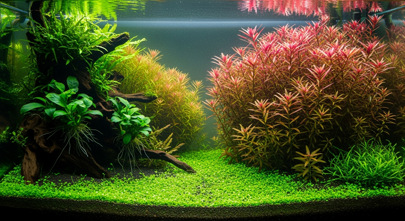 Lush planted tank with green carpet plants in the foreground, dense stem plants and anubias on driftwood in a crystal-clear freshwater planted aquarium