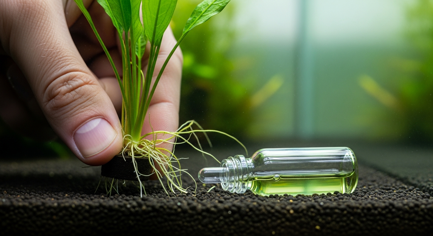 Hand pressing a root tab into planted aquarium substrate next to a bottle of liquid aquarium fertilizer, showing both methods of aquarium plant fertilizer delivery side by side.