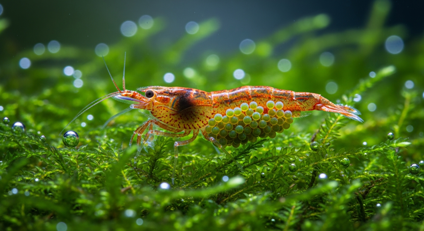 A berried shrimp breeding in a planted aquarium, carrying a visible clutch of eggs against green java moss
