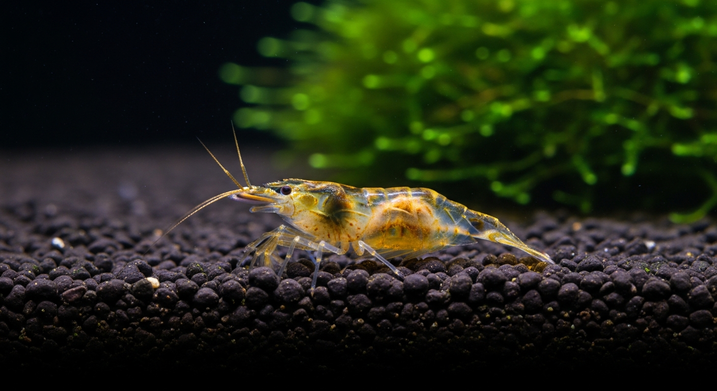 Close-up of a translucent shrimp molting exoskeleton on aquarium substrate with moss, showing the intact cast shell left behind after a successful shrimp molting