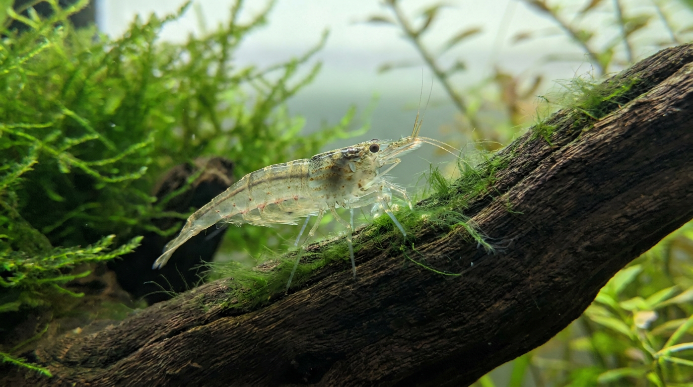 Amano shrimp grazing algae on driftwood in a planted aquarium