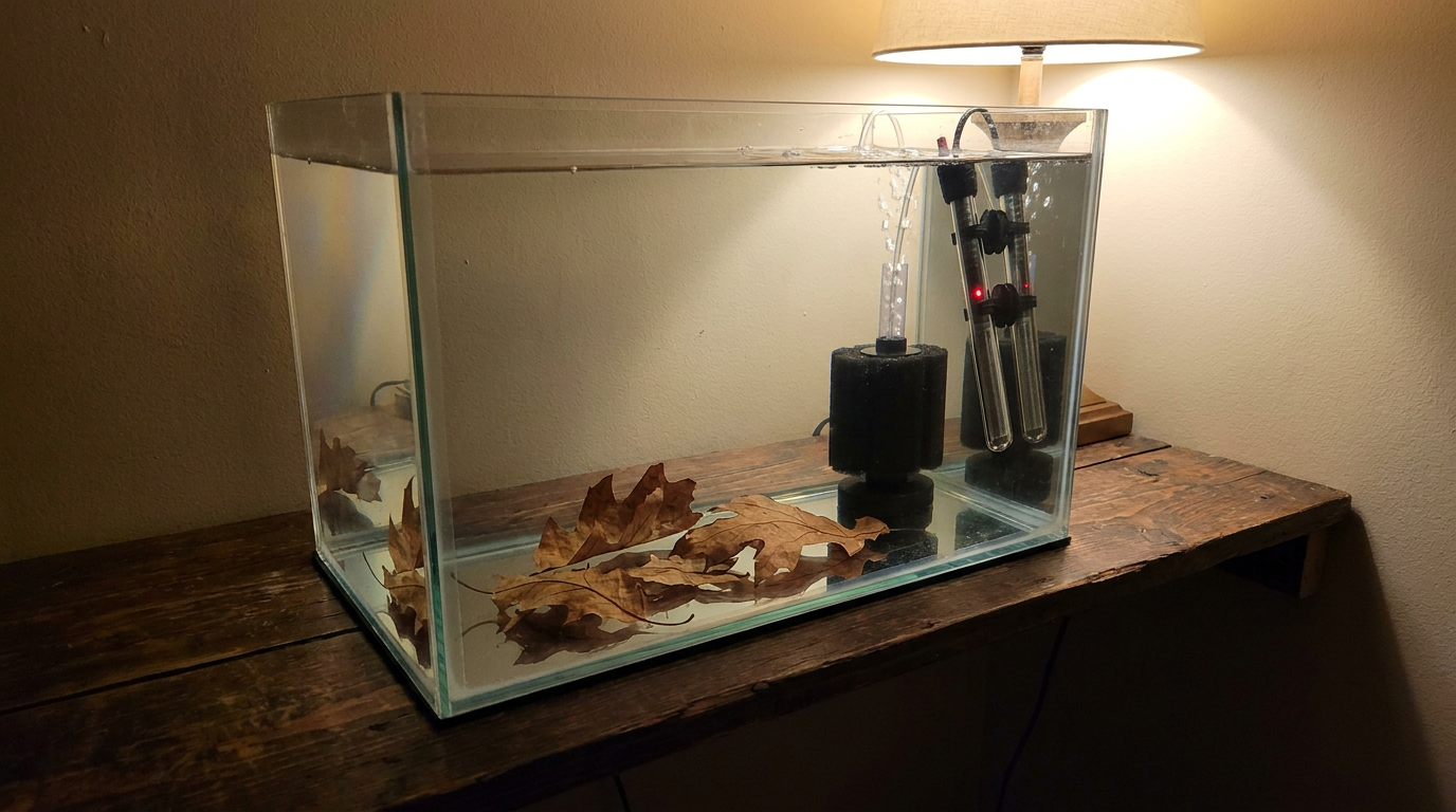 Bare bottom aquarium quarantine tank with a black sponge filter, heater, and dried leaves for isolating new fish and plants