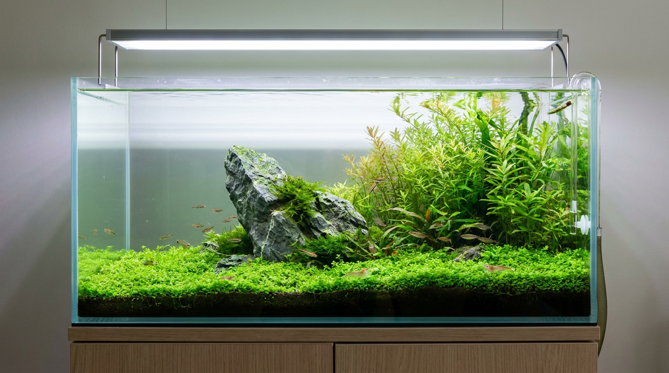 Planted aquarium showing aquascape rule of thirds with a tall stone placed off center among carpet and stem plants