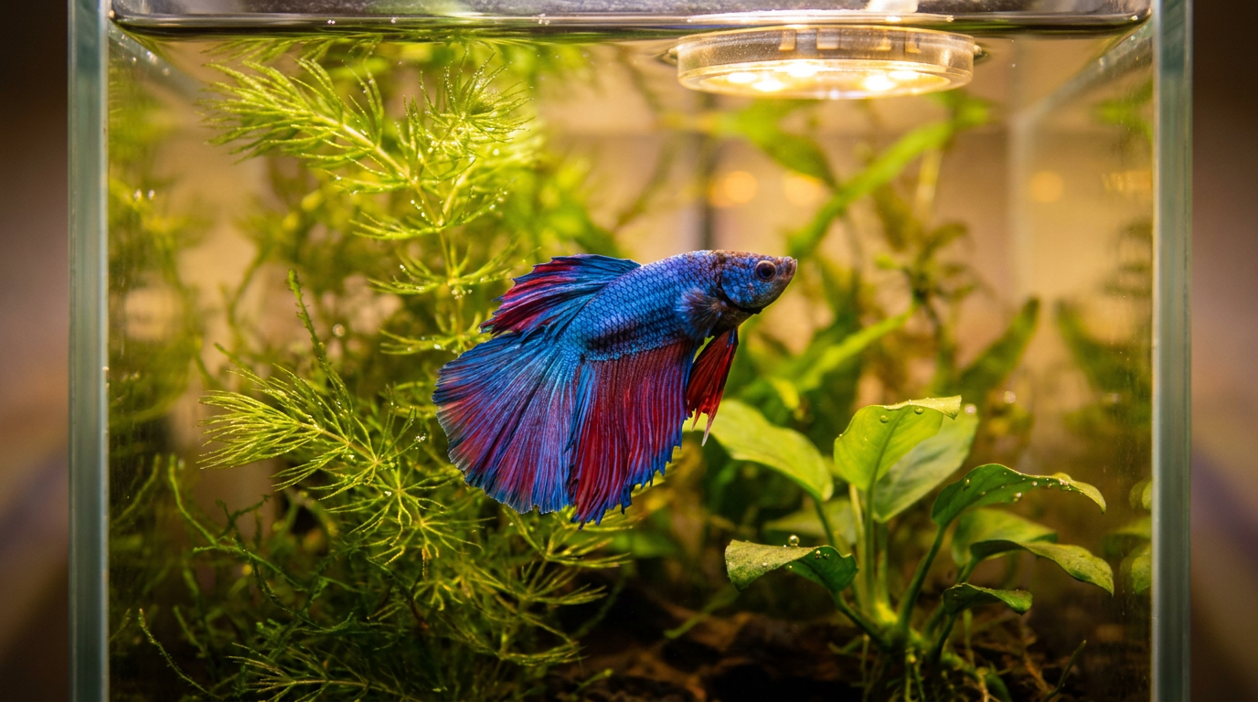 Blue and red betta fish swimming in a planted aquarium