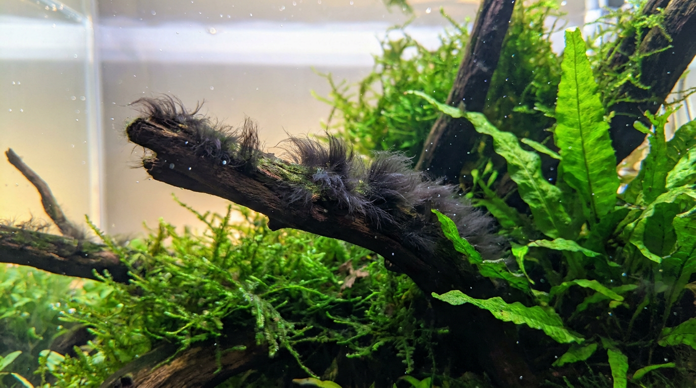 Black beard algae growing on aquarium driftwood in a planted tank