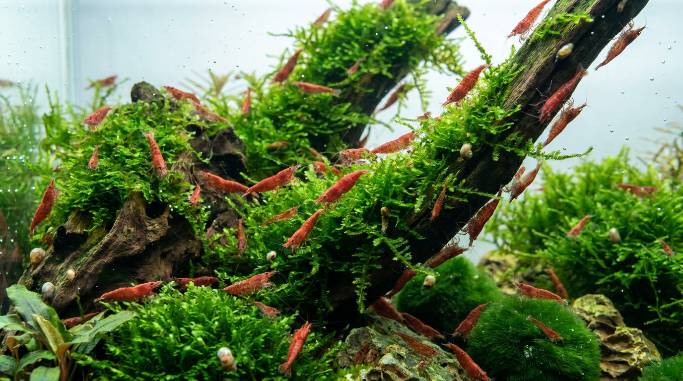 Red cherry shrimp grazing on green moss in a planted nano aquarium