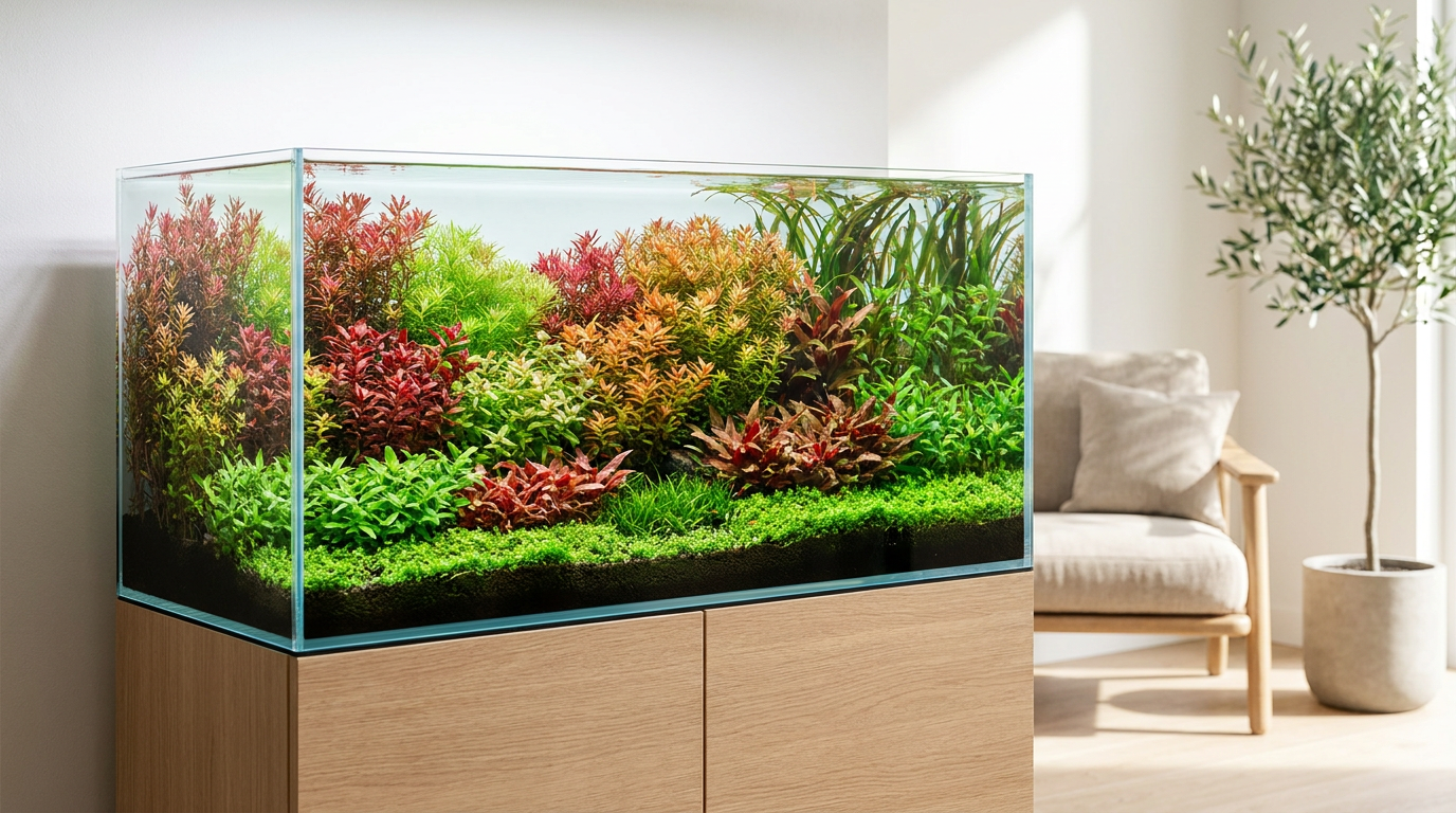 Dutch aquascape planted aquarium with colorful red and green stem plant streets