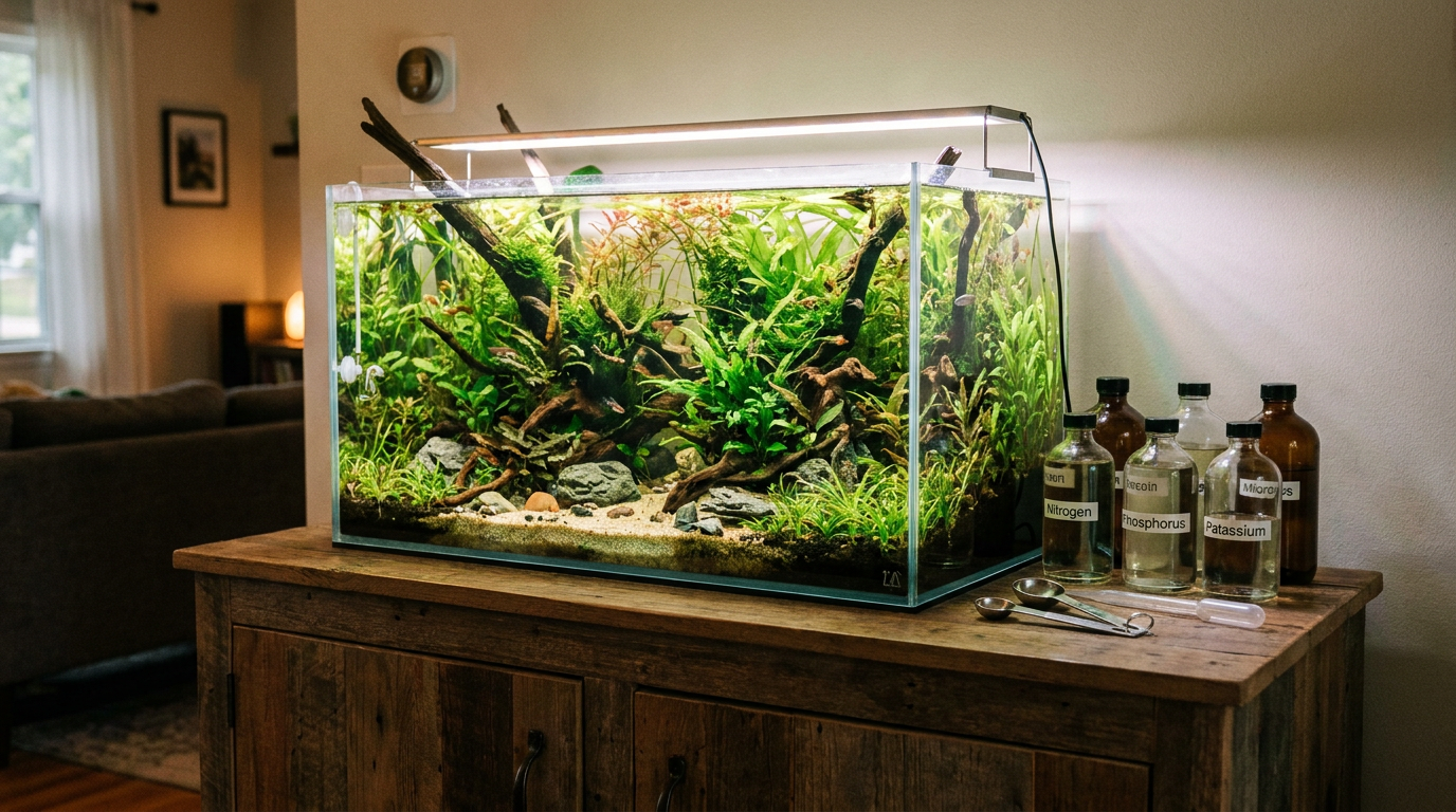 EI dosing supplies and dosing bottles beside a lush planted aquarium