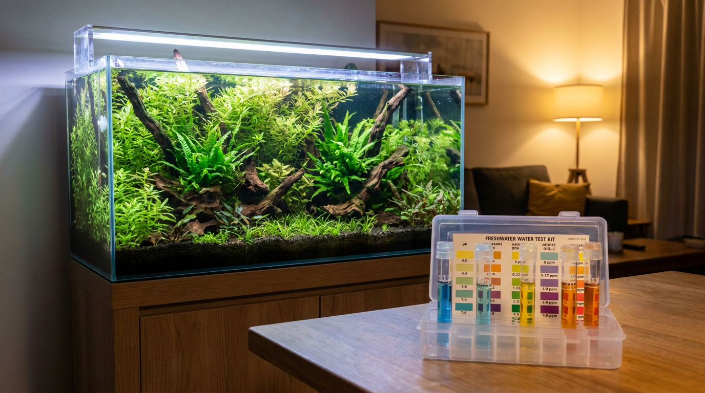 Planted aquarium with a GH and KH water test kit in front