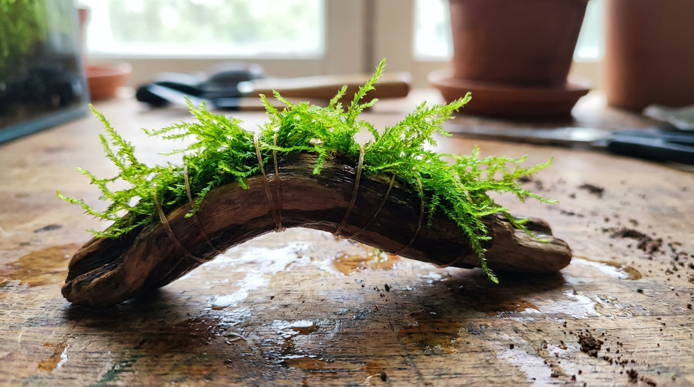 How to attach moss to driftwood: green aquatic moss tied with fine thread along a dark driftwood branch