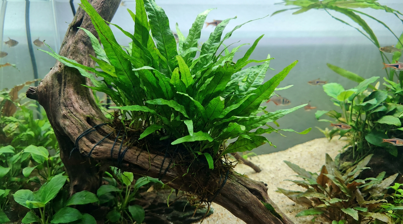 java fern care shown on a healthy java fern attached to driftwood in a planted aquarium