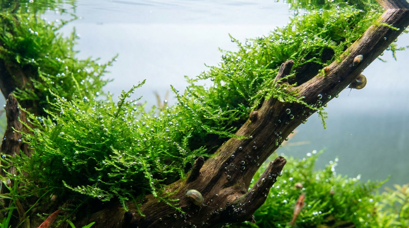 Green java moss and Christmas moss growing on driftwood in a planted aquarium