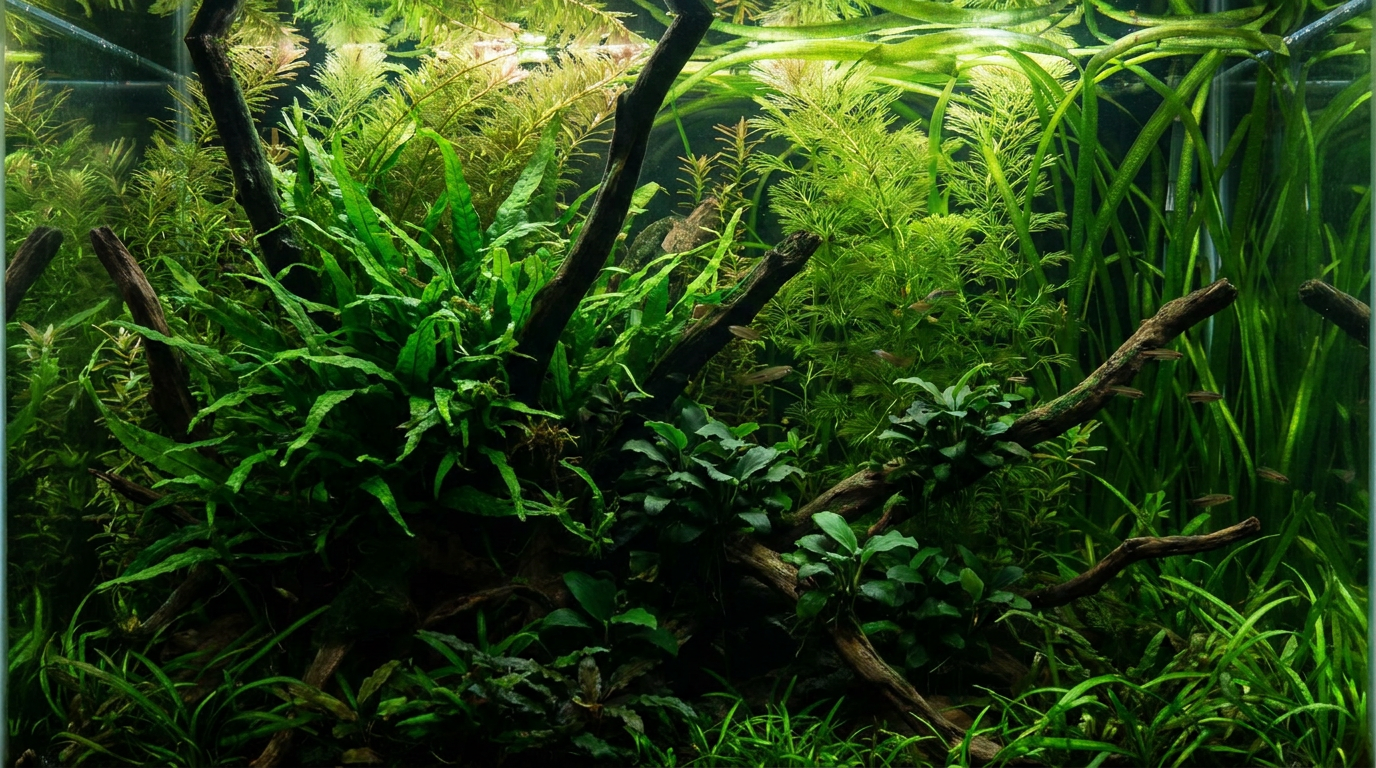 Lush jungle style planted aquarium with dense java fern and anubias over driftwood