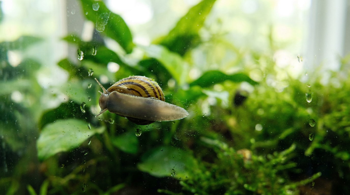 Zebra nerite snail on aquarium glass illustrating nerite snail care in a planted tank