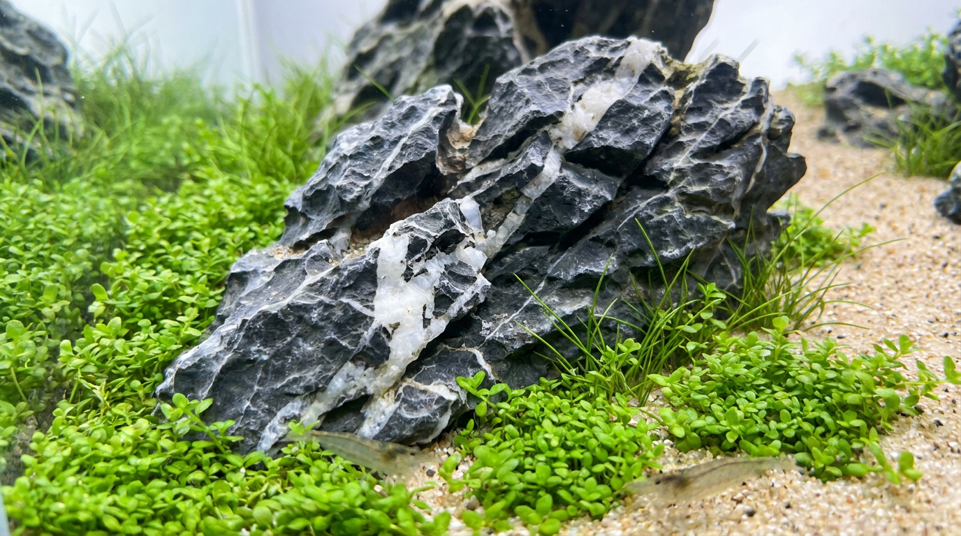 Seiryu stone pH: grey seiryu rock with sharp white calcite veins arranged in a planted aquarium with a green carpet and clear water