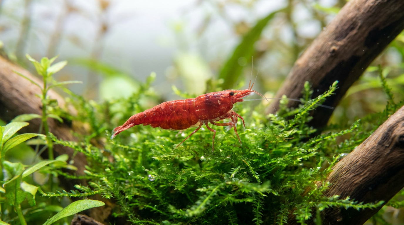 Red cherry shrimp on green aquarium moss in a planted freshwater tank