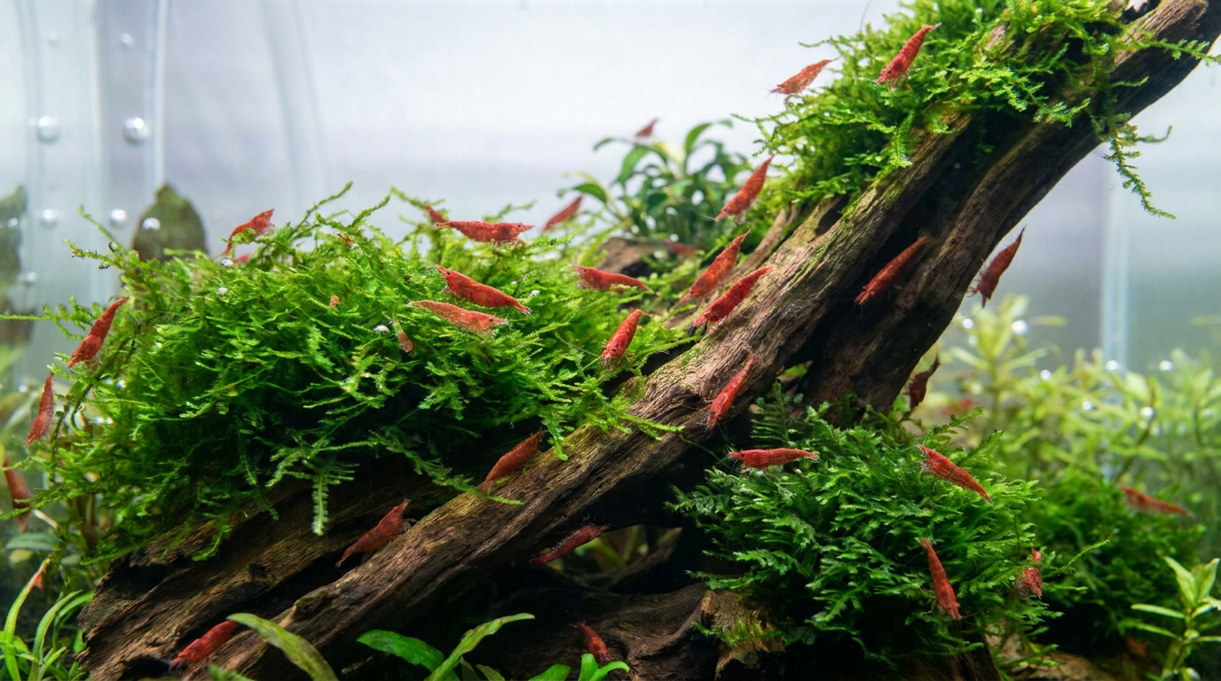 Group of red cherry shrimp grazing on green moss and driftwood in a planted nano aquarium