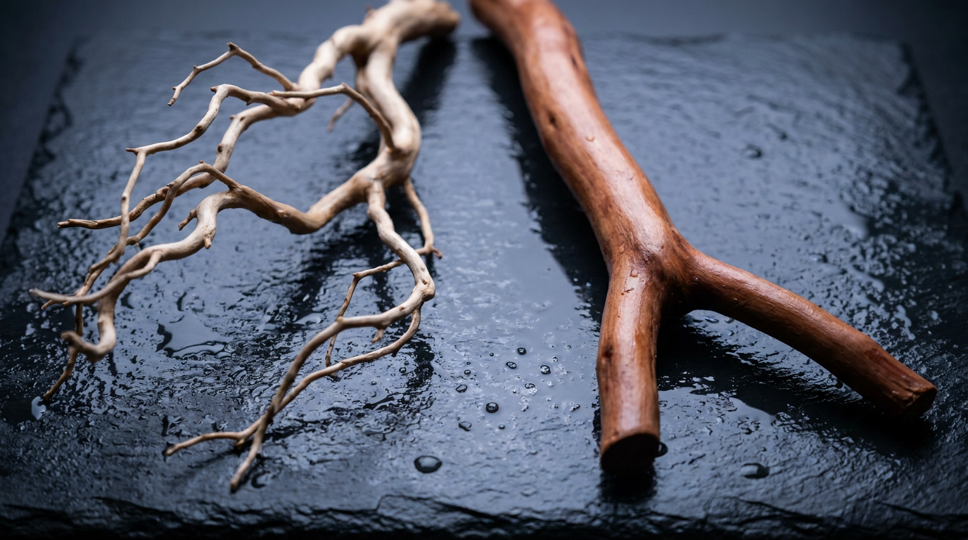 Spider wood vs manzanita: a thin twisting spider wood branch beside a thicker tapering manzanita branch on wet slate