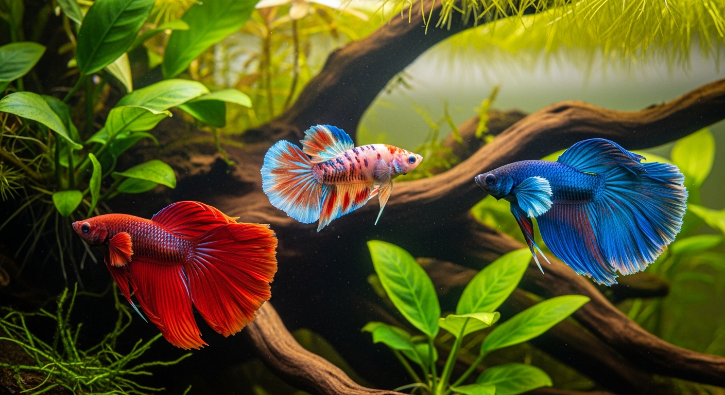Several betta fish color varieties including red, blue, and marbled patterns swimming in a planted tank